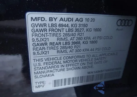 2021 Audi Sq7 Premium Plus Tfsi Quattro Tiptronic z USA, uszkodzony, nr VIN WA1AWBF76MD016652